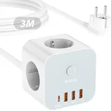 VEFVE Steckdosenleiste Würfel mit USB (20 W PD-Schnellladung), 7-in-1 Mehrfachsteckdose mit Schalter (3680 W/16 A), 3-Fach Cube Steckdose Steckerleiste, 3m Kabel