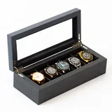 CASE ELEGANCE Uhrenbox, zweifarbig, Fischgrätenmuster, Uhrenbox für Damen/Herren, Aufbewahrungsbox für 5 Uhren, Organizer mit Glasdeckel