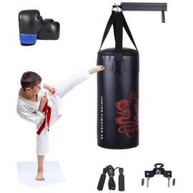 RELAX4LIFE 10 kg Boxsack Set, Boxen Set mit 8 OZ Boxhandschuhe & Springseil & Tragetasche, aufhängender Punchingsack für Kinder, Jugendliche und Erwachsene, Boxing Bag schwarz, inkl. Deckenhalterung