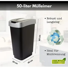2friends Großer geruchsdichter Abfalleimer mit Schwingdeckel 50L, modernes Design - Silber