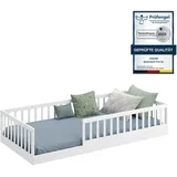 CADANI Timi 2in1 Bodenbett 90x200 cm Montessori Kinderbett mit abnehmbaren Rausfallschutz inkl. Lattenrost, Kiefer Massivholz, weiß - 3 Aufbauvarianten, bis 200 kg belastbar, umbaubar