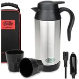 HEYNER Reise-Wasserkocher Wasserkocher Reisewasserkocher elektr. + Tasche + 2 Becher 750 ml 12V, 120 W schwarz|silberfarben