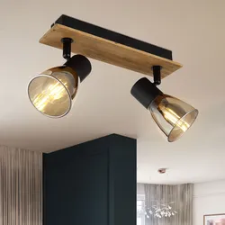Deckenlampe Wohnzimmerlampe Holz Metall Glas 2-Flammig Dunkelbraun Wippschalter