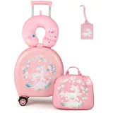 COSTWAY 4 teiliges Kinderkoffer + Rucksack, 10”+14” Kindertrolley mit Rollen, Kindergepäck mit Nackenkissen & Gepäckanhänger, Reisekoffer Set für Jungen & Mädchen (Rosa)