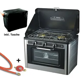 NJ Gaskocher 2 flammig Campingkocher mit Backofen mit Deckel Ofen Gasgrill Gasherd