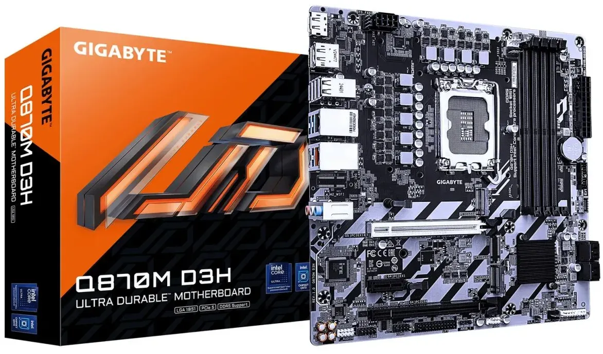 GIGABYTE Q870M D3H Mainboard – Intel Core Ultra (Serie 2) CPUs, 4+1+2-Phasen-VRM, bis zu 6400 MHz DDR5 (O.C), 2× PCIe-4.0-M.2, 2.5-GbE-LAN, USB 3.2 Gen 2