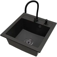 Spüle Granit Schwarz Big DON Armatur FLEX CHROME Schwarzer Siphon