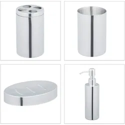 Relaxdays Badezimmer Set, 4-teilig, Badaccessoires Edelstahl poliert, komplette Badezimmerausstattung, modern, silber