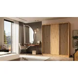 altdecor Schiebetürenschrank LABELLO (Kleiderschrank Garderobenschrank mit viel Stauraum Moderner Schrank) Vielseitiger Schwebetürenschrank Lamellen LED Beleuchtung braun|schwarz 61 cm x 216 cm x 180 cm