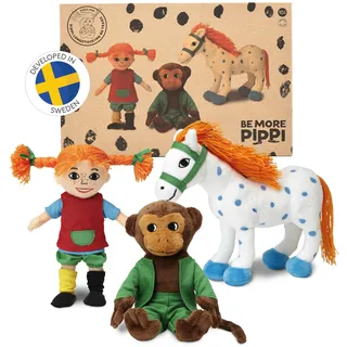 Pippi Langstrumpf Kuscheltier-Set - Mit Pippi Stoffpuppe (20 cm), Herr Nilsson AFFE (16 cm) & Kleiner Onkel Pferd (22 cm) - Offiziell lizenziert, Plüschtier klein für Kinder