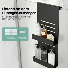 mai & mai Duschablage zum Hängen, Duschregal Ohne Bohren für Glasduschtüren, Hängeregal mit 2 Etagen und 3 Haken, Sandschwarz 30x60x8cm Oryne-01