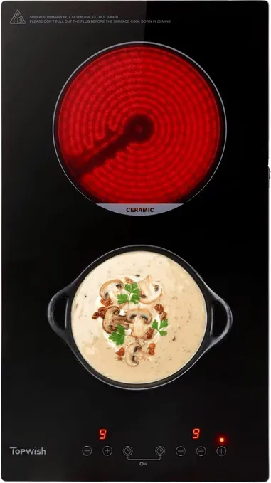 Topwish Glaskeramikkochfeld 2 Zonen, Einbaukochfeld, Elektrokochfeld mit Kindersicherung, Touch-Steuerung, Restwärmeanzeige, 3000W, 29cm