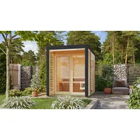 Karibu Saunahaus Ares 1 - Hybridhaus mit Metallrahmen - 38 mm Holz-Ausführung: naturbelassen Blech-Ausführung: anthrazit Ohne Ofen