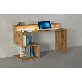 Dmora Schreibtisch Alain, Linearer Schreibtisch mit Ablagefächern und LED-Leuchten, Mehrzweck-Büroschreibtisch mit Platte, 140x60h93 cm, Eiche - Braun