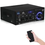 AK45 HiFi Verstärker Mini Stereo Bluetooth Radio Audio Verstärker Receiver, 12V/ 240V 2.0 Kanäle 40W X 2 Digitale Endverstärker mit FM-Radio, Fernbedienung, SD/USB-Eingang, MIC, BT, Soundverstärker