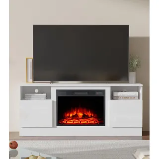 M.C.Haus Elektrischer Kamin mit TV-Ständer, 58.8cm Kamin, für bis zu 143.9 * 80cm TV, Modernes Holzstruktur Entertainment Center mit LED Licht, Highlight Schrank und Glasfront (Weiß, 147.3)