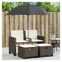 vidaXL Gartensofa 2-Sitzer Sonnenschirm und Hocker Braun Poly Rattan