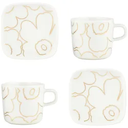 Marimekko - Oiva Piirto Unikko Becher mit Henkel & Teller, weiß / gold (4er-Set)