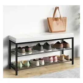 VCM Schuhregal Maße ca. H. 48 x B. 90 x T. 30 cm Sitzbank im Industrie Style Design Schuhbank Taliro Weiß aus Metall, 2 Ebenen für 8 Paar,