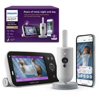 PHILIPS Avent Premium Connected Videophone, das bisher beste Babyphone von Avent, Schlaf- und Atmungs-Tracking mit KI, Schrei-Interpretation, kristallklares Bild bei Tag und Nacht, SCD973/26