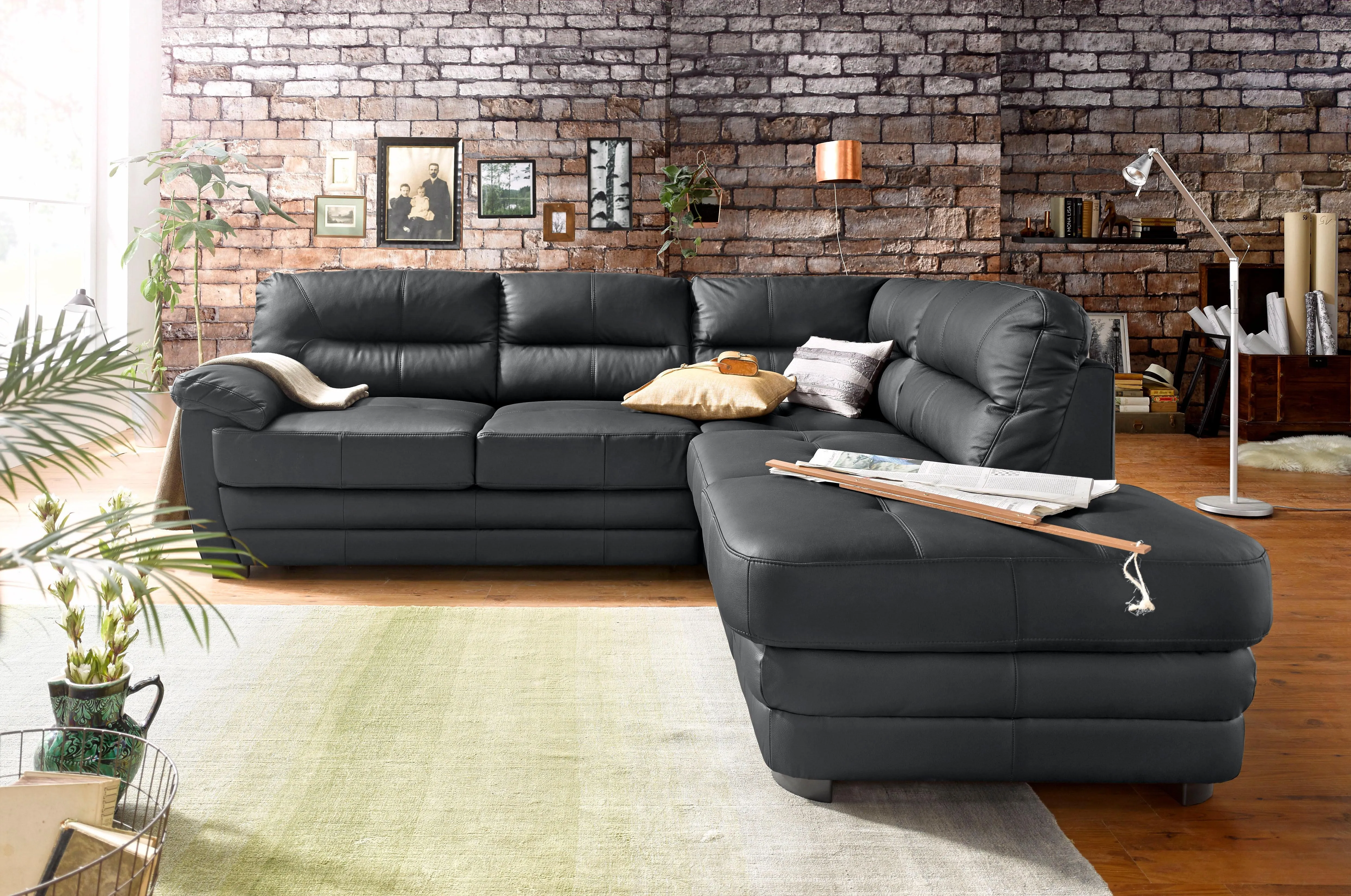 Ecksofa COTTA "Royale L-Form", schwarz, B:250cm H:88cm T:234cm, Luxus-Kunstleder, frei im Raum stellbar, Luxus-Microfaser (100% Polyester), frei im Raum stellbar, NaturLEDER (echtes Rindsleder) in Sitz und Rücken. Die Rückseiten sind mit Spannstoff bezogen, Kunstleder SOFTLUX, frei im Raum stellbar, Sofas, wahlweise mit Bettfunktion