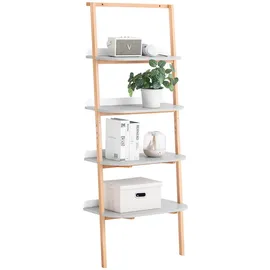 SoBuy Leiterregal mit 4 Ebenen Bücherregal Grau Natur, Holzwerkstoff, Holz, Buche, 65x169x39 cm, Wohnzimmer, Regale, Bücherregale