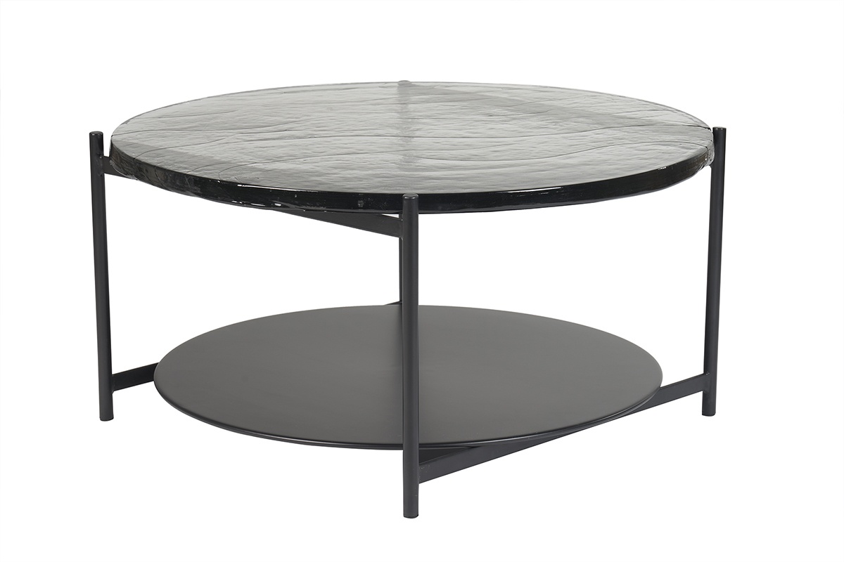 Table basse ronde avec double plateau en verre recyclé et métal noir D85 cm WELLE