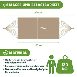 OEM Gartenhängematte Im Brasilianischen Boho-Stil 190x150 cm, Beige, 120 kg Belastbarkeit, Mit Fransen, Aufbewahrungstasche 2 Seilen, Baumwolle-Polyester, Outdoor Indoor