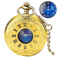 Tiong Taschenuhr Hohl Blau Stern Design Römische Ziffern Taschenuhr Quarzuhren mit Kette Weihnachten Geburtstag Geschenke für Männer Frauen
