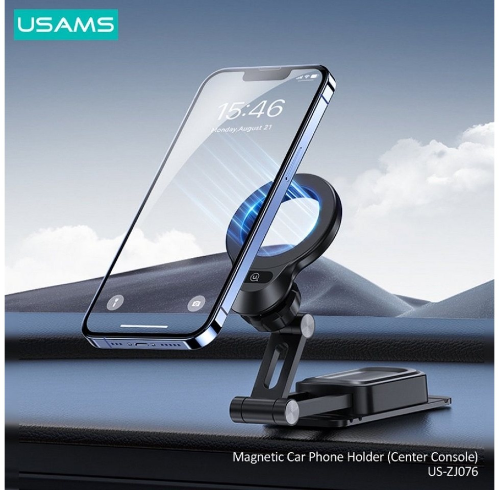 USAMS US-ZJ076 Magnetic Car Phone Holder (Center Console) Handy-Halterung, (Packung, 2-tlg. : 1 x Universal Magnet 1 x Metallplatten, magnetische Adsorption 360 ° Rotation hohe Qualität Klebstoff) schwarz
