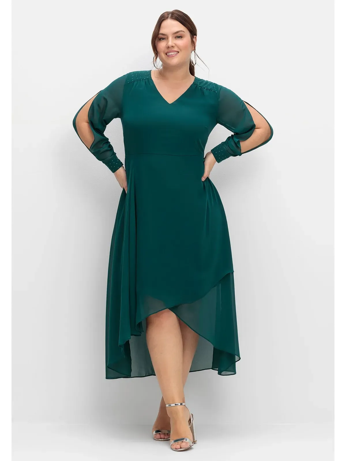 Abendkleid SHEEGO "Große Größen" Gr. 58, Normalgrößen, grün (dunkelgrün) Damen Kleider Langarm