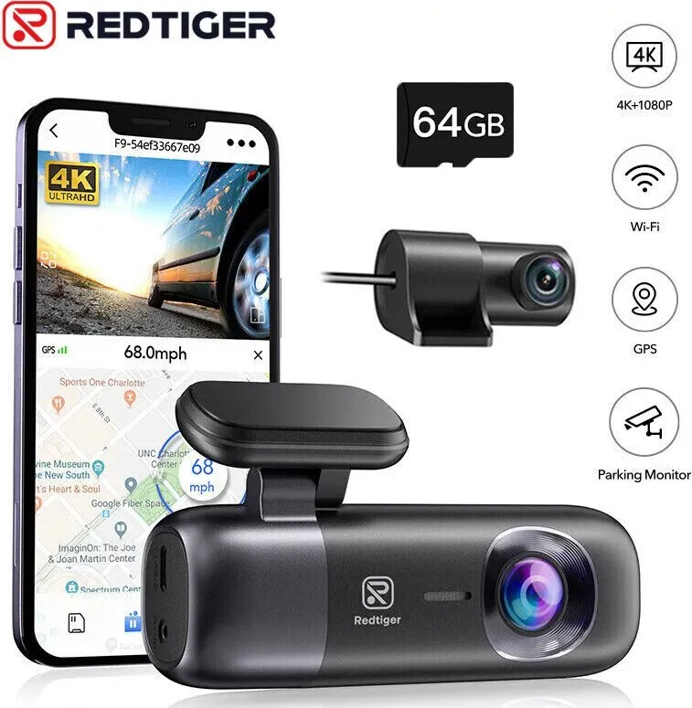 REDTIGER F9 Dashcam 4K, Front- und Rückfahrkamera 1080P, WiFi-GPS-Kamera fürs Auto mit 32GB-Karte, Dual-Dashcam für Autos, Loop-Recording, Nachtsicht, Parkmodus, intelligente App-Steuerung, unterstützt bis zu 256GB