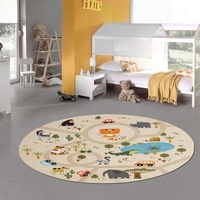 Teppich-Traum Kinderteppich Kinderzimmer Teppich Spielteppich Spielmatte Safari Straßenteppich rutschfest beige Rund 200 cm Durchmesser