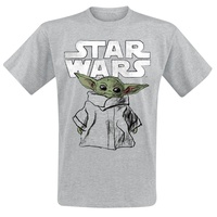 Star Wars T-Shirt - The Mandalorian - Grogu - Sketch - M bis 4XL - für Männer - Größe XL - grau meliert  - Lizenzierter Fanartikel - XL