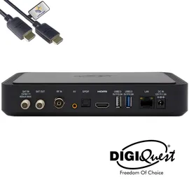 hts e-com DigiQuest Q99 4K UHD TiVuSat Receiver inkl. Karte + WiFi Stick – tivùsat zertifiziert (nicht aktiviert), HEVC HDR, PVR Ready, LAN, USB, HDMI-Kabel
