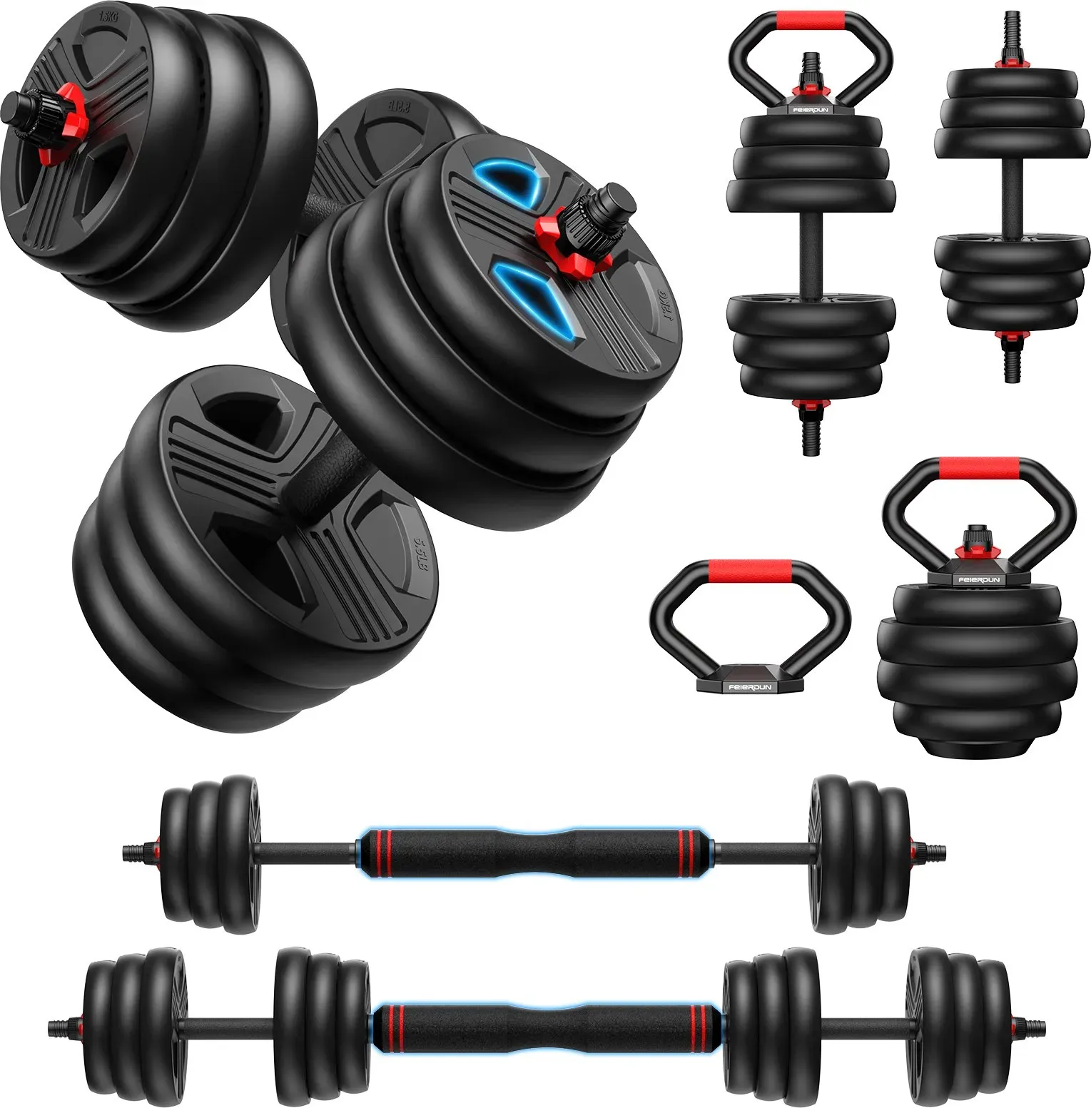 FEIERDUN 10kg-20kg Hanteln Verstellbar 2er Set, 5-in-1 Hantelset Dumbbell Set, Langhantel, Kettlebell, Liegestützständer für Ganzkörpertraining, Krafttraining für Männer und Frauen