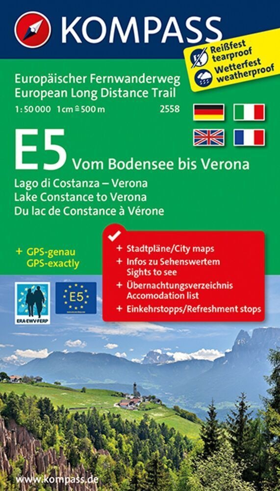 Kompass Wander-Tourenkarte Europäischer Fernwanderweg E5 Vom Bodensee Bis Verona 1:50.000. E5  Lago Di Costanza - Verona / E5  Lake Constance To Veron