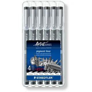 STAEDTLER Fineliner pigment liner, schwarz, Set mit 6 Linienbreiten, Promotion 4 + 2 gratis, hohe Qualität Made in Germany, Pigmenttinte, dokumentenecht, lichtbeständig, 308 SB6P