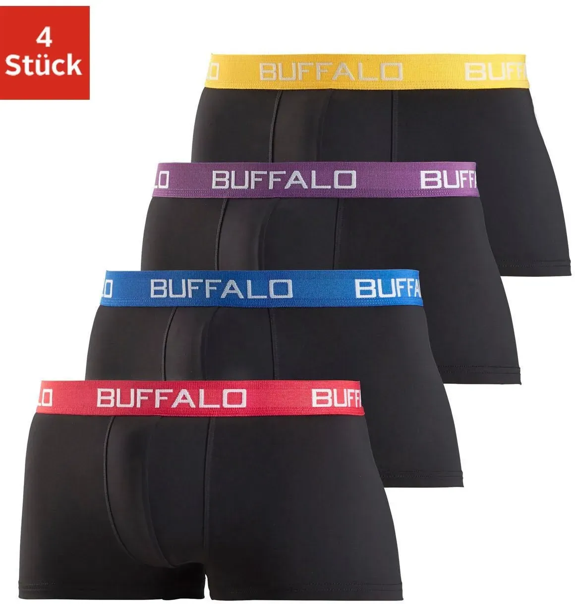 Hipster BUFFALO, Herren, Gr. L, 4 Stk., bunt (schwarz, bunt), Jersey, Obermaterial: 95% Baumwolle, 5% Elasthan, unifarben, körpernah, Unterhosen, knapp sitzende Boxershorts mit Kontrastbund aus Baumwollmischung