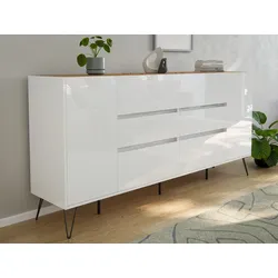 Sideboard Kommode Yako 200cm Greifraum 6 SoftClose 2 Türen Weiß/Eiche Top