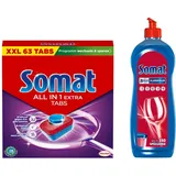 SOMAT Tabs 63 AW all in 1 Extra, Geschirrspül Tabs für strahlende Sauberkeit, bekämpfen selbst eingetrocknete Rückstände + Somat Duo Power Experten Klarspüler 750ml