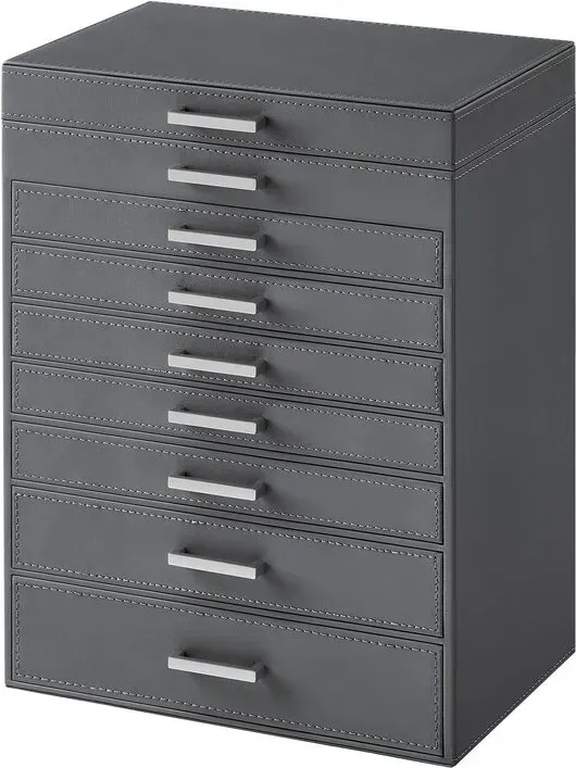 Ochama Schmuckkoffer in Schiefergrau – 8 Ebenen, großer Spiegel, 7 Schubladen, hohe Kapazität – moderner Aufbewahrungsorganizer, perfektes Geschenk für Liebste, 29x20.2x36.7cm