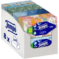 Tempo XXL Light Box Taschentücher - Megapack - 8 Boxen, 140 Tücher pro Box - weiche Papiertaschentücher, waschmaschinenfest