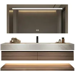 Waschbecken Holzmaserung Unterschrank aus Keramik Weiß Arbeitsplatte Set Spiegel 130*55cm