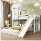 TavilaEcon Etagenbett mit Rutsche und Fallschutzgitter, mit Fenster und Dach, 90x200cm&140x200cm weiß