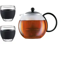 Bodum Assam Set Teekanne mit 2 Gläser 35 cl mit Silikonband, Glas, Schwarz, cm, 24 x 20 x 16.5 cm, 3 Einheiten