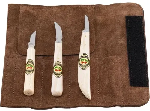 Kirschen Schnitzmessersatz in Velourleder-Rolltasche