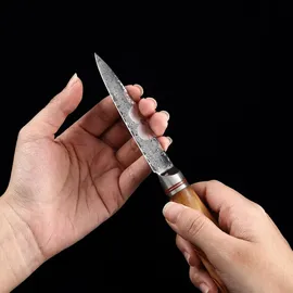 Zayiko Minami Damast Officemesser I 9 cm Klinge I Olivenholzgriff I Holzbox