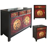 OPIUM OUTLET Schlafzimmer-Set Vintage Asia Kommode mit 2 passenden Nachtschränkchen, (Schlafzimmer-Kombination 3-teilig asiatisch orientalisch, Hochzeitsschrank Möbel komplett montiert, 3-tlg., Nachtkommoden Nachtkonsolen Nachtkästchen), Chinesisches Sideboard Kommode rot|schwarz