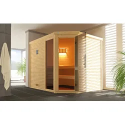 Sauna WEKA "Design-Sauna CUBILIS 3", beige (natur), Saunaofen, integrierte Steuerung, 9 kW, Saunen, Blockbohlen im wekaLine-Profil